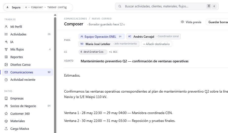 Composer de email con IA en FieldOps escritorio