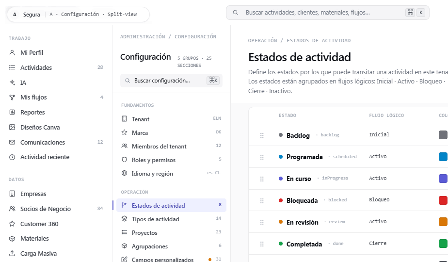 Configuración en vista dividida con la lista de estados editable
